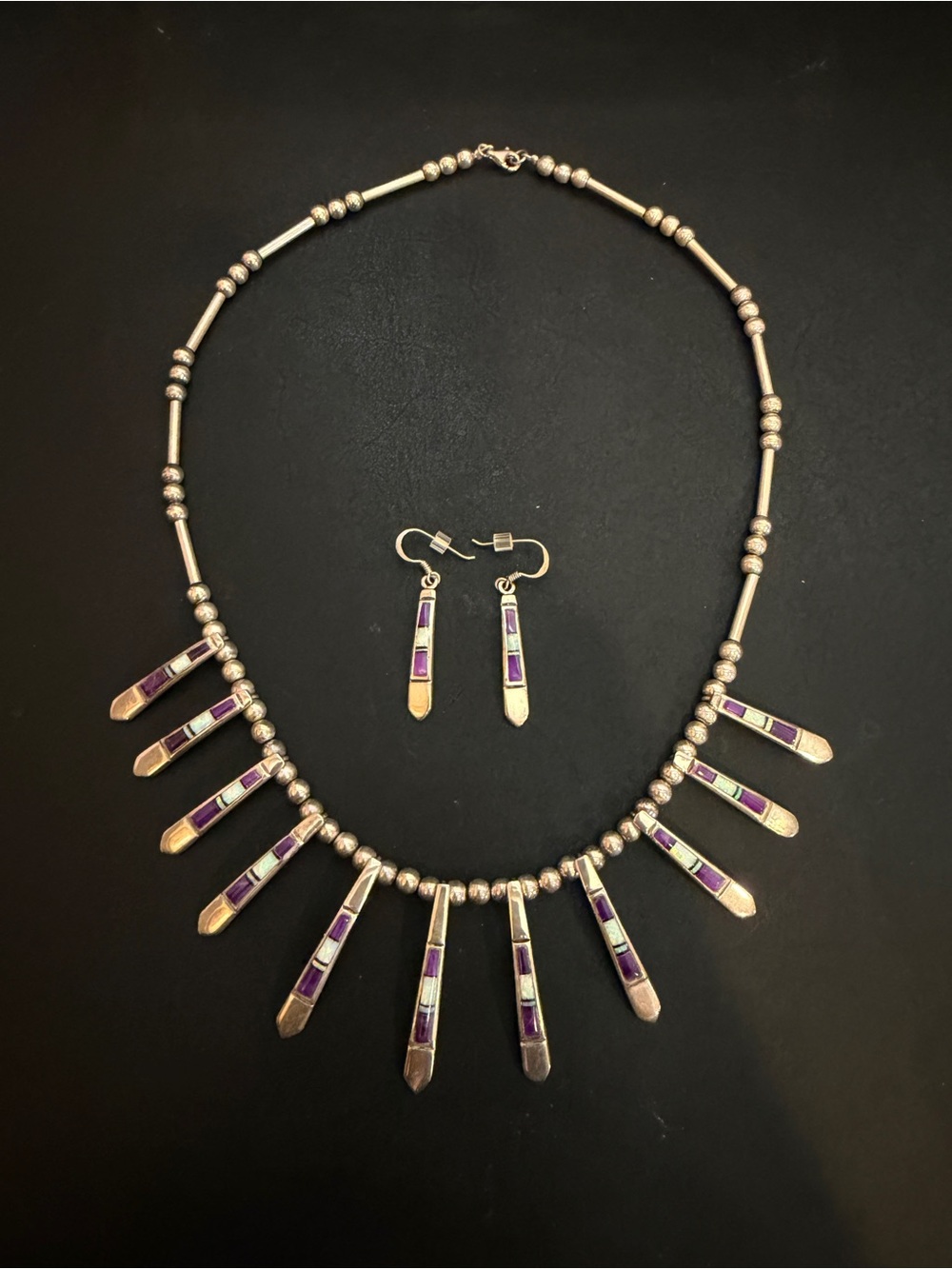EH ERVIN HOSKIE NAVAJO 925 SUGILITE INLAY EARRINGS & PENDANT NECKLACE SET EXCELL